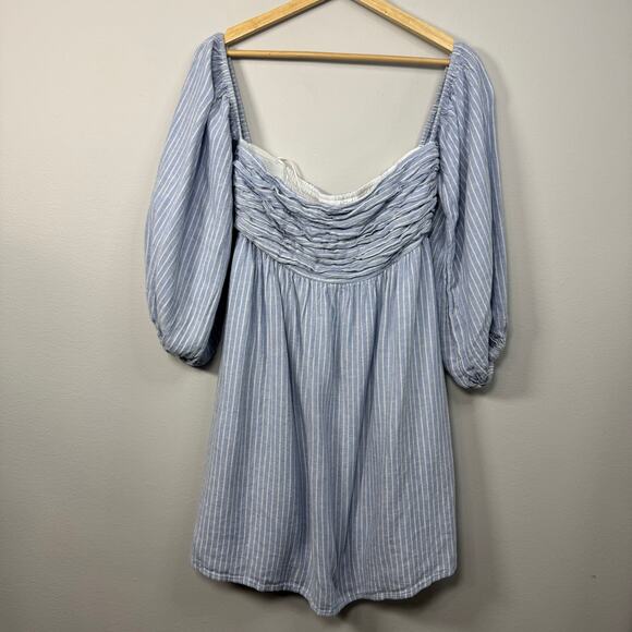 Abercrombie & Fitch Emerson Mini Dress Size Medium Tall Blue Striped Linen Short - Picture 2 of 11